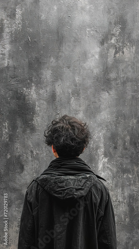A young man wearing a black jacket stands in front of a gray concrete wall.