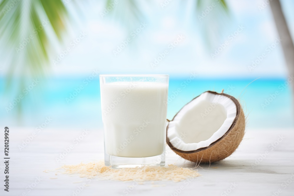 glass of chilled coconut milk with flakes on white sand beach glass of chilled coconut milk with flakes on white sand beach