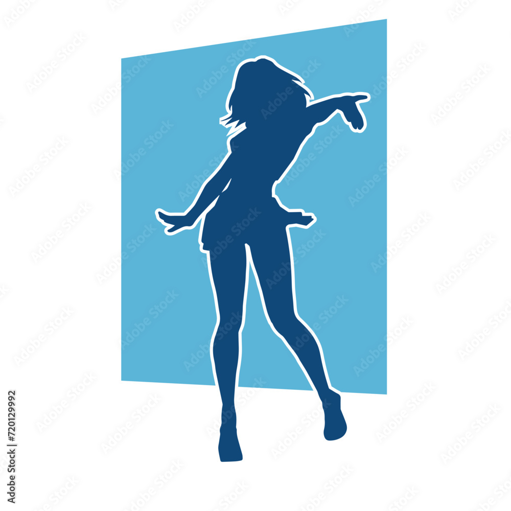 Silhouette of a female dancer wearing mini skirt in action pose. Silhouette of a slim woman dancing happily. Silhouette of a female dancer wearing mini skirt in action pose. Silhouette of a slim woman dancing happily.