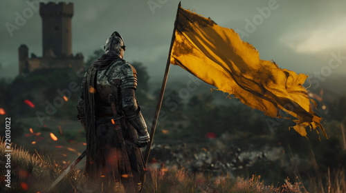 Knight with flag in armor on battlefield. Sparks on castle background. Middle Ages, Victory in battle on battlefield