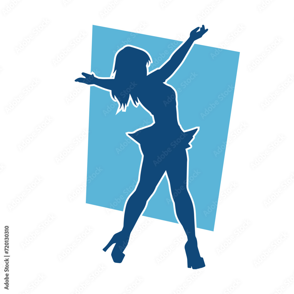 Silhouette of a female dancer wearing mini skirt in action pose. Silhouette of a slim woman dancing happily.