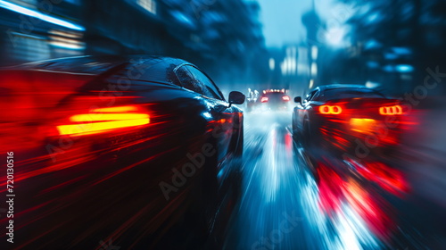 Sport car motion blur of race between two cars in blue hour, rain with lights on road. Sport car on wet asphalt, high speed photo