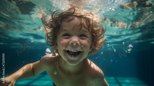 A joyful smiling 5 year old boy is swimming underwater in the sea or pool. Healthy lifestyle, Tempering, Vacations and travel, Children's Sports, Infant swimming concepts. © liliyabatyrova
