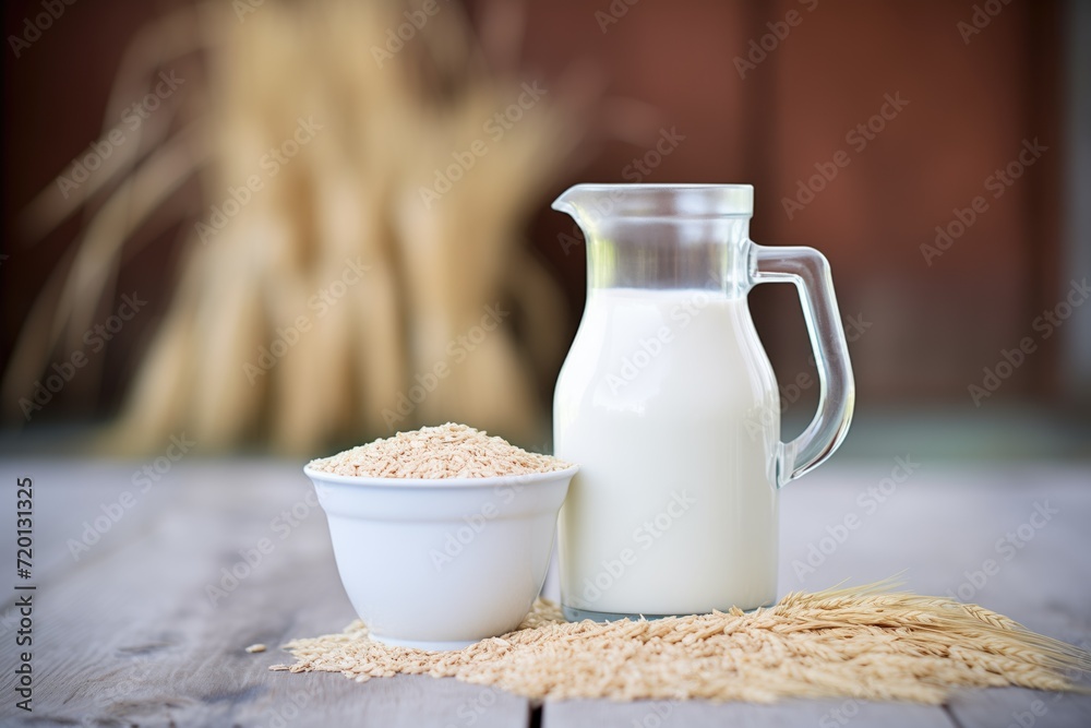 oat milk in rustic jug, hay bales in background oat milk in rustic jug, hay bales in background