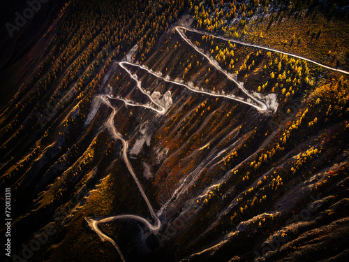 Stunning aerial shot capturing the winding Katu Yaryk Pass amidst the vibrant fall colors of the Altai landscape. photo