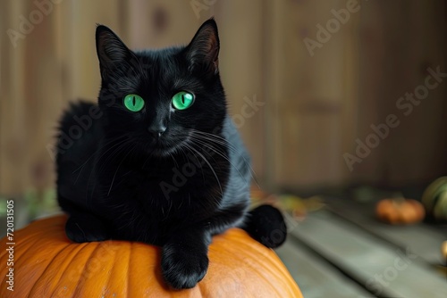 A spooky black cat with glowing green eyes sitting on a pumpkin Halloween Cat on pumpkin