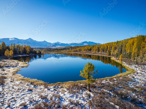 Vivid aerial shot of a serene mountain lake surrounded by autumn trees with snowy patches in Altai landscape.