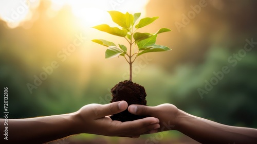 Planting tree seeds for greenery, and drawing two hands as a symbol of togetherness, with a background of sunlight.
