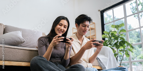 couple man and woman talking working spend time together at home, Asian couple lifestyle concept