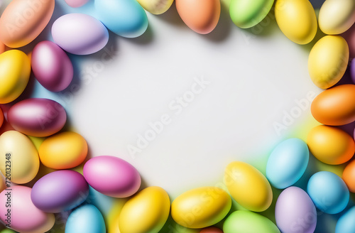 Top view of a composition of multi colored Easter eggs that lie on the table surface, free space for text. Background for a banner for Easter.