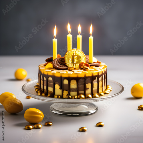 Chocolate Bitcoin cake with with orange fruits, mirror glass cake with chocolate garnish, crypto cake. cake on a light grey background. Happy birthday cake tasty and eye catching design. orange cake photo