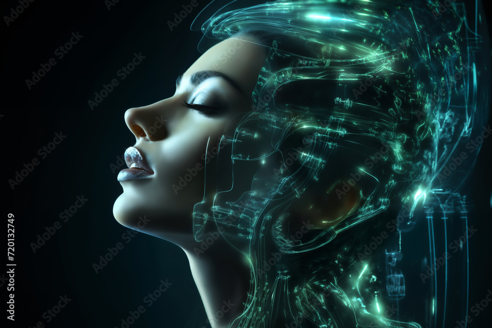 fashion portrait of a beautiful woman with an abstract hologram around her face, holographic pattern on a dark background, cyber art concept fashion portrait of a beautiful woman with an abstract hologram around her face, holographic pattern on a dark background, cyber art concept