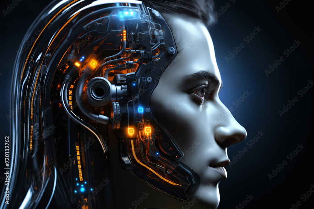portrait of a man in futuristic helmet with wires and sensors on his head, face closeup, dark background, futuristic cyber concept