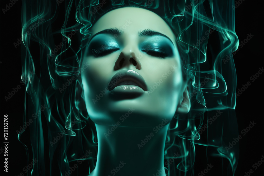fashion portrait of a beautiful woman with an abstract hologram around her face, holographic pattern on a dark background, cyber art concept