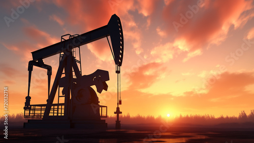 Oil drill rig and pump jack. Petroleum production, Crude oil production from the ground, silhouette scene and sunset background. photo