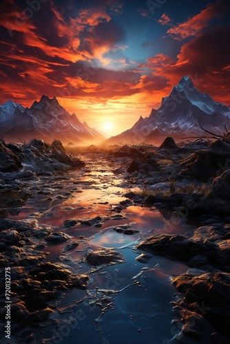 beautiful landscape, mountains and valley with river, dramatic sky at sunset