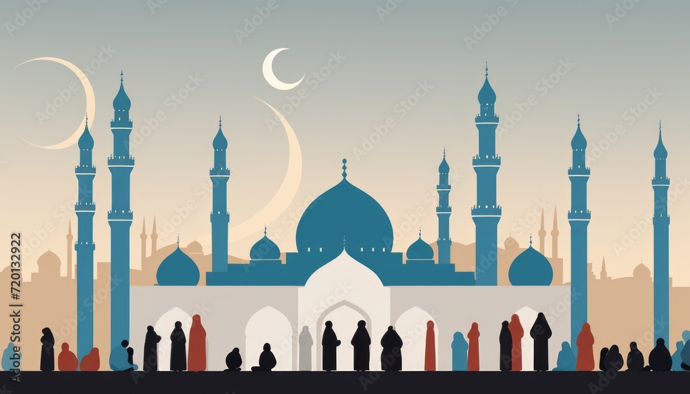 mosque panorama, view of the mosque during the fasting month or view of the mosque in the afternoon. sunset mosque. mosque wallpaper ramadan. mosque panorama crowds of Muslims heading to the mosque