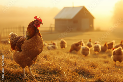 A majestic rooster surveys his flock of gallinaceous birds in the peaceful green fields, basking in the warm rays of the sky as he stands tall with his distinctive comb proudly on display photo