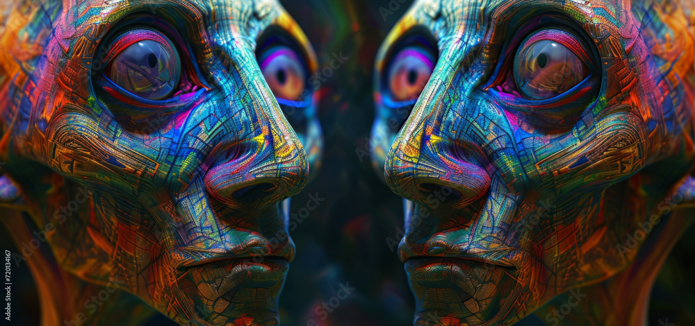 Fototapeta premium DMT or LSD psychedelic human vision of geometric creatures from other worlds other, dimentions. Mama Ayahuasca, drug, psychedelic divine cosmic trippy godly spiritual entity. Expanded Consciousness.