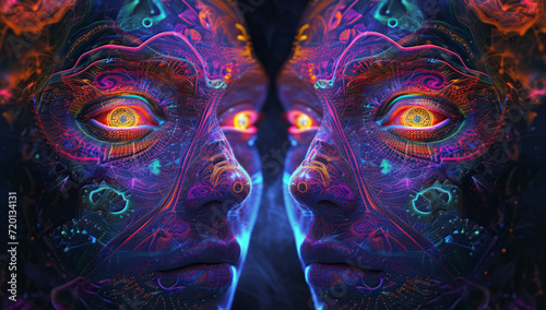 DMT or LSD psychedelic human vision of geometric creatures from other worlds other, dimentions. Mama Ayahuasca, drug, psychedelic divine cosmic trippy godly spiritual entity. Expanded Consciousness. photo