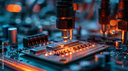 Modern microprocessor production background, electronics and circuit board manufacturing concept illustration