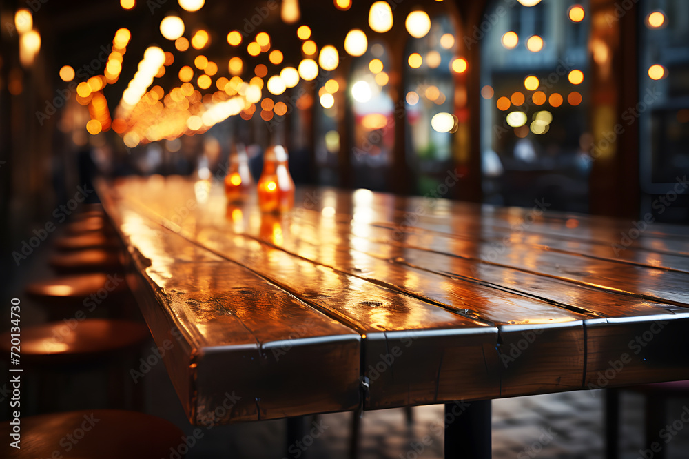 Empty wooden table top with lights bokeh on blur restaurant background ...