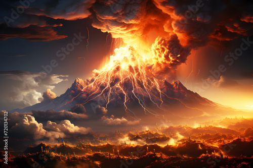 Volcano erupted, with red lava flowing down from the mountain and black smoke billowing throughout the area.. Realistic color clipart template pattern.