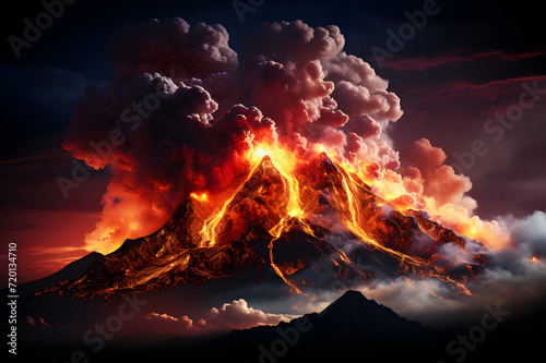 Volcano erupted, with red lava flowing down from the mountain and black smoke billowing throughout area. Create air and environmental pollution. Realistic clipart template pattern.