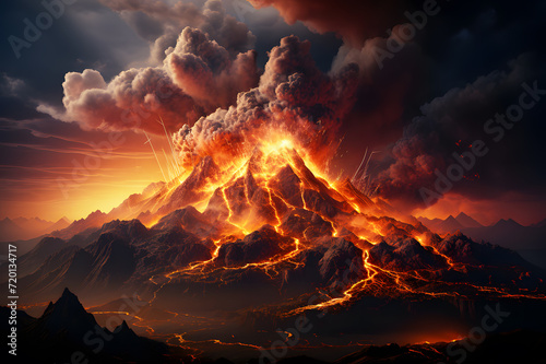 Volcano erupted, with red lava flowing down from the mountain and black smoke billowing throughout the area. Realistic color clipart template pattern. Abstract Texture Background.