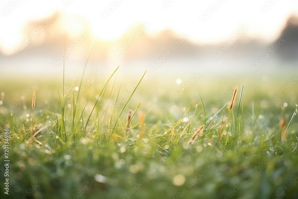 dew on grass, foggy pasture with rising sun