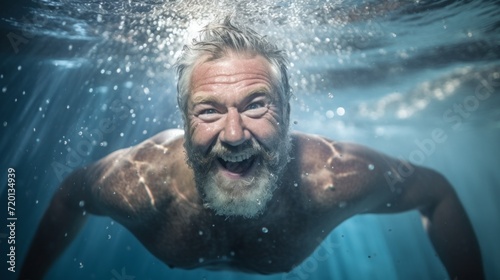 Close-up of a smiling, happy, bearded and gray-haired middle-aged man swimming underwater in a pool or sea. Healthy lifestyle, Vacations, travel, Sports and swimming concepts. © liliyabatyrova