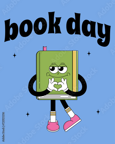 World book day. Funky character with psychedelic smile. Retro poster mascot cartoon style. Book reading festival, bookcrossing, bookstore. Vector illustration