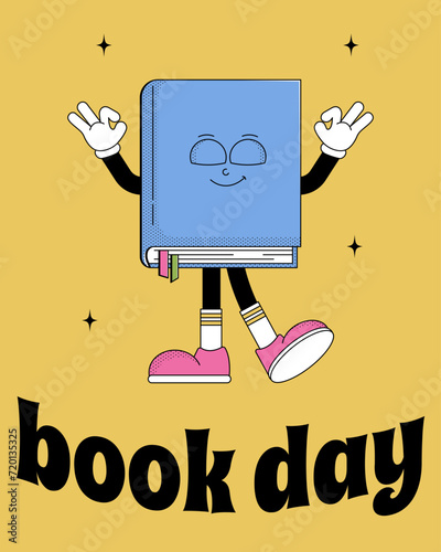 World book day. Funky character with psychedelic smile. Retro poster mascot cartoon style. Book reading festival, bookcrossing, bookstore. Vector illustration