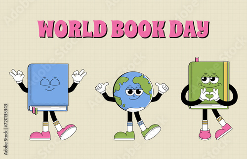 World book day banner. Funky character books and globe Earth with psychedelic smile. Retro mascot cartoon style. Book reading festival, bookstore. Vector illustration