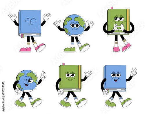 World book day. Funky character book and globe Earth with psychedelic smile. Retro mascot cartoon style. Vector illustration