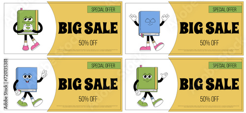 World book day banners set. Funky character book with psychedelic smile. Retro mascot cartoon style. Bookstore big sale, special offer, coupon. Vector illustration