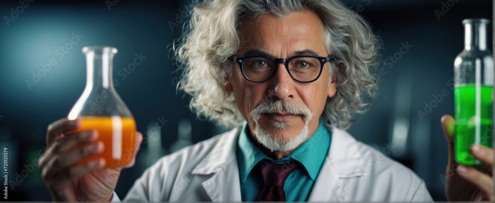 Portrait of an outgoing chemist in a white lab coat in a laboratory with test tubes and green liquid. Cinematic lighting Portrait of an outgoing chemist in a white lab coat in a laboratory with test tubes and green liquid. Cinematic lighting