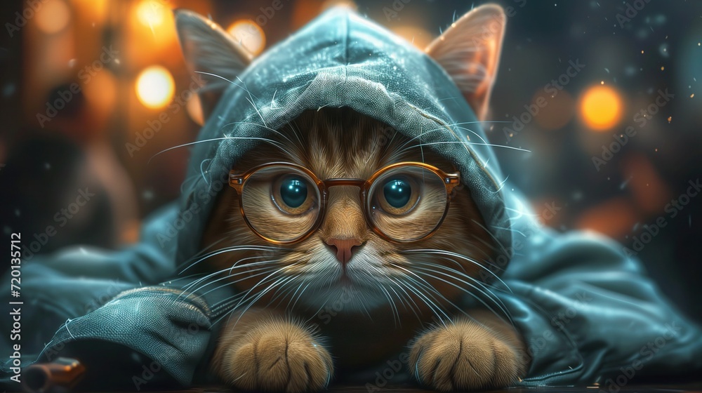 Cat hacker, cat sitting with hodie, matrix theme