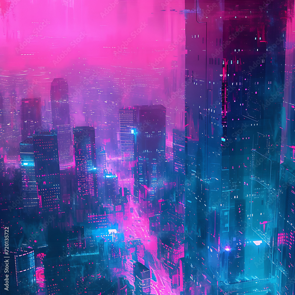 Cyberpunk city lights gradient in neon pink, teal, and electric blue, enhanced by a grainy texture for a futuristic tech-themed poster. 