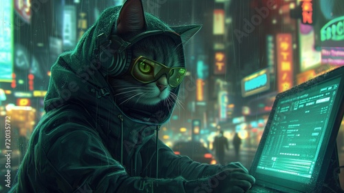 Cat hacker, cat sitting with hodie, matrix theme