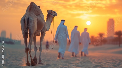group of arab man in white clothes with camel at background Dubai, UAE