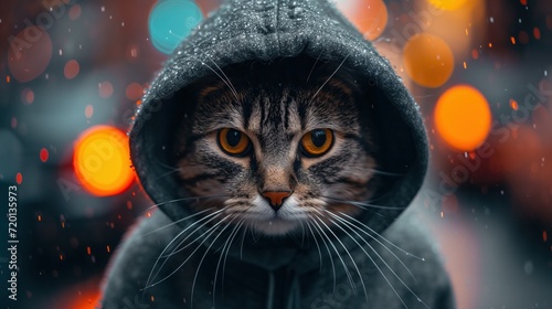 cat wearing a hoodie at pastel background