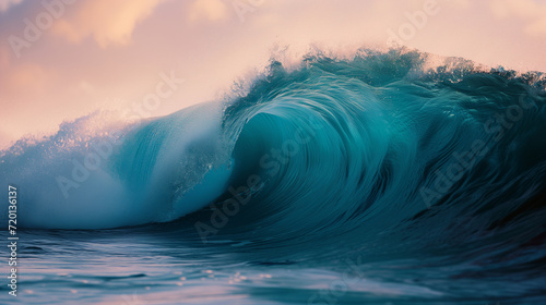 Big wave breaking at sunset stock, Close up detail of powerful teal blue wave breaking in open ocean on a bright sunny afternoon stock, White Wave Breaks Through Blue Seas Background, teal blue wave