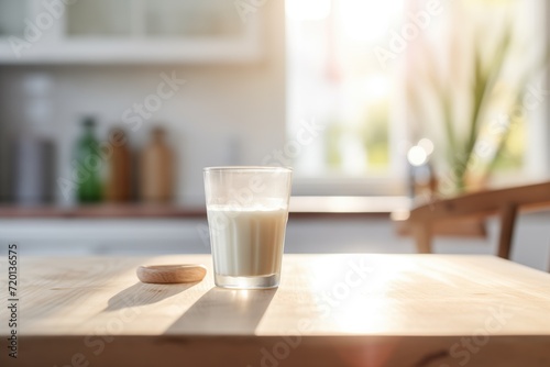 glass of milk on white table with morning light