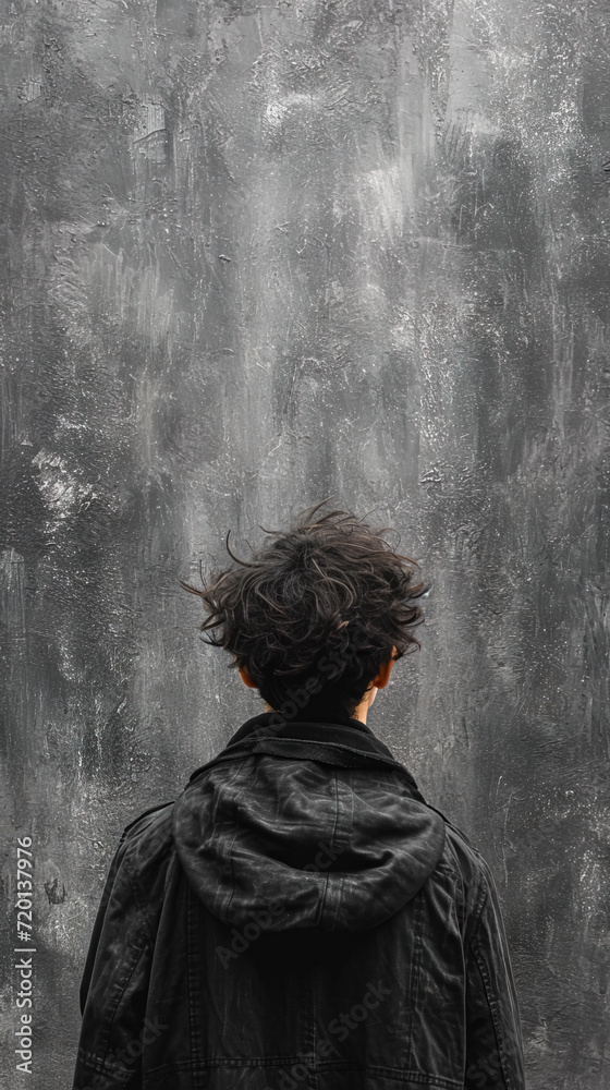 Naklejka premium A young man wearing a black jacket stands in front of a gray concrete wall.