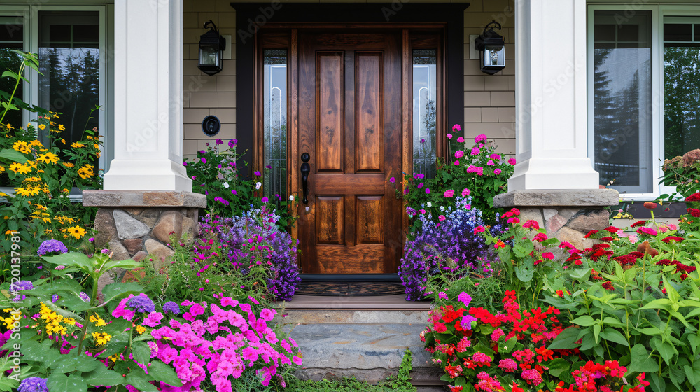 Colorful summer flowers surround an elegant wood door