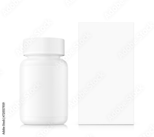 White bottle with box mockup isolated on white background.  Front view. Can be used for medical, cosmetic, food. Vector illustration. EPS10.	