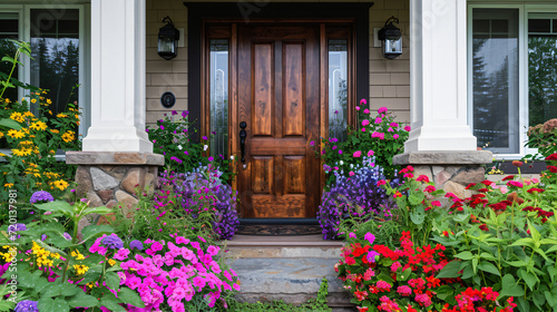 Colorful summer flowers surround an elegant wood door