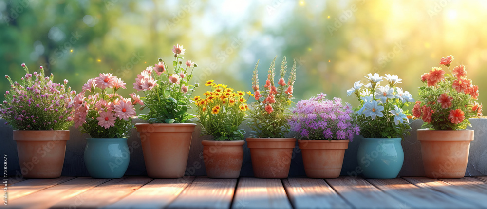 Gardening background with flowerpots in sunny spring or summer garden, generative ai