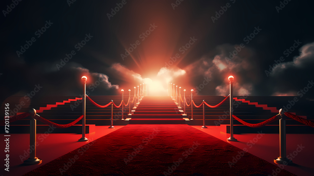 Red carpet on the stairs on dark background, the way to glory, victory and success Red carpet on the stairs on dark background, the way to glory, victory and success
